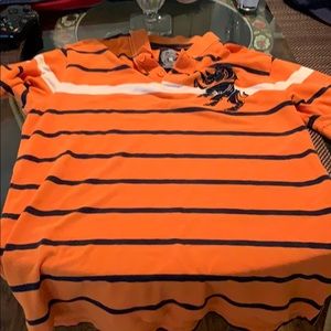 Ecko unlimited orange white and blue striped polo